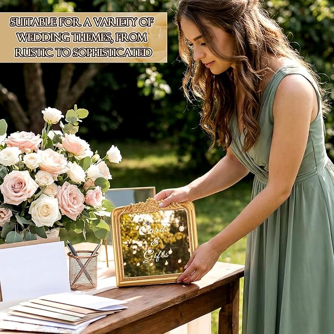 Bucherry Elegant Wedding Cards & Gifts Sign Rustic Resin Photo Frame Mirror with Stand Vintage Reception Decoration for Wedding Bridal Shower Engagement 7.3" x 7.5"