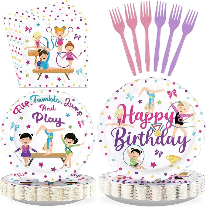96Pcs Gymnastics Birthday Party Decoration Sports Theme Gymnasts Plates and Napkins Flip Jump Tumble and Play Tableware Set for Girls Gymnastic Birthday Baby Shower Party Supplies Serves 24