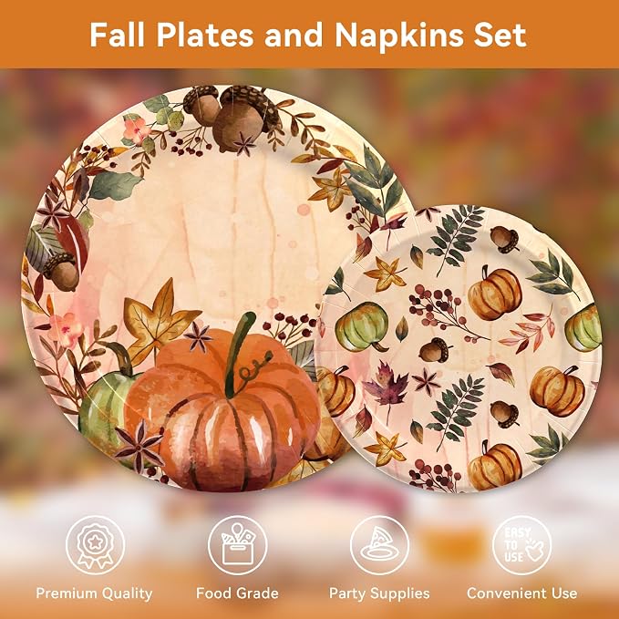 Fall Paper Plates and Napkins Set 150 Count, 10'' and 7'' Heavy Duty Disposable Plates, Thanksgiving, Fall, Autumn Harvest Party Decorations Supplies, Serve 50