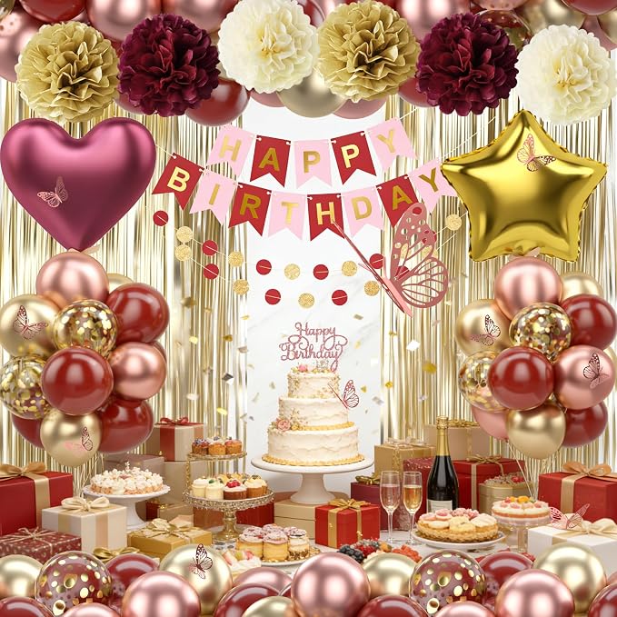 Burgundy Rose Gold Birthday Party Decorations 12INCH Wine Red Maroon Gold Balloons Happy Birthday Banner Cake Topper Fringe Curtain Paper Pom Poms Butterfly Sticker 18INCH Heart Star Foil Girls Women