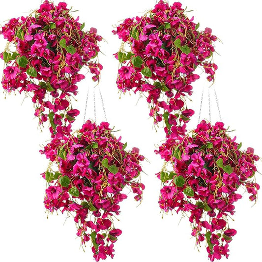 XunYee 4 Pcs Artificial Hibiscus Flowers for Outdoors Spring Summer Decor Fake Hanging Flowers Plants Uv-Resistant Faux Hibiscus Flower for Outside Porch Patio Front Door (Rose Red)