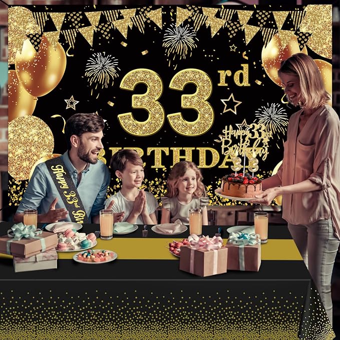 33rd Birthday Decorations Men Women with 33rd Birthday Banner, Black and Gold Table Cloth, Number Balloons, Large Sash, Cake Topper and Candles