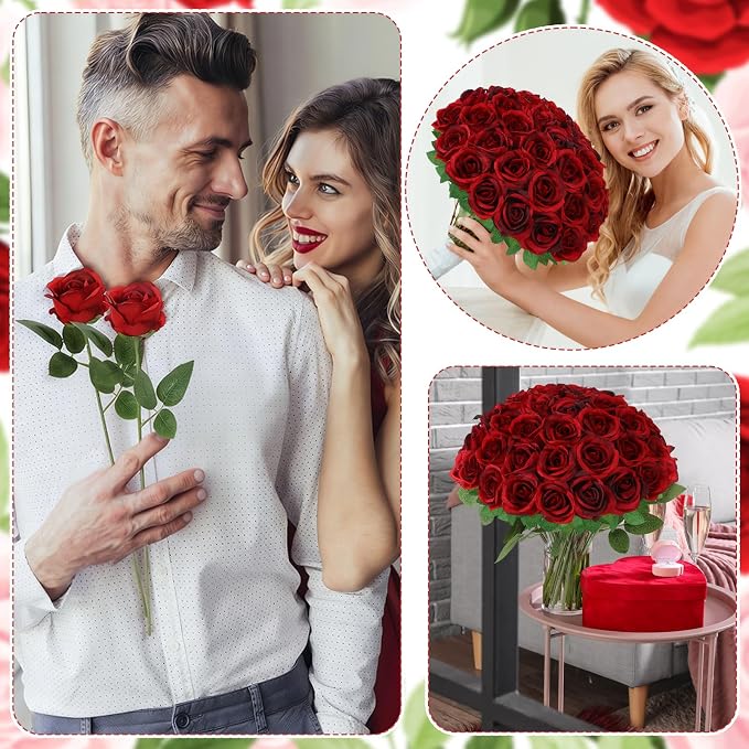 36 Pcs Burgundy Artificial Roses with Long Stems, Fake Silk Rose Artificial Flowers Bulk for Bridal Wedding Bouquet Centerpiece Ball Arrangement Party Decor