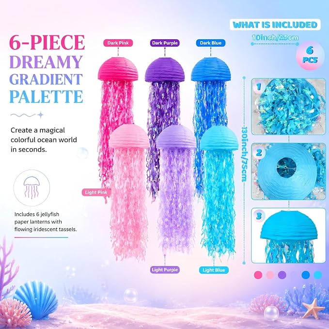 6-Pack Jellyfish Paper Lanterns, Pink Purple Blue Under The Sea Party Decorations, Mermaid Birthday Decorations for Girls, Hanging Ocean Themed Pool & Beach Party Decor, Classroom Decor