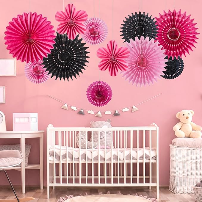 11PCS Hanging Paper Fans Decorations Pink Black Birthday Party Decorations for Girls Sweet 16 18 21st Birthday Bridal Shower Wedding Bachelorette Galentine's Party Decor Supplies
