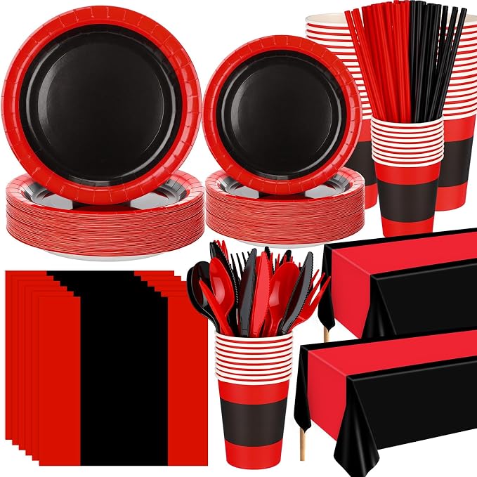 Funnymoom 452 Pcs Red and Black Party Decorations, Red and Black Paper Plates Cups Napkins Tablecloth Cutlery Straws Baby Shower Wedding Birthdays Party Supplies, 50 Guests