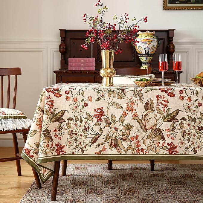 ISAENNE Designer Vintage Linen Rectangular Tablecloth,110"x63"-Grace A | French Elegant Printed Table Cloth for Rectangle Table,Floral Pattern,Decor,Heavyweight,Dining Room,Kitchen,Thanksgiving