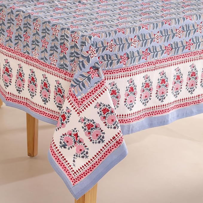 Hand Block Printed Tablecloth, Colorful Floral Print, Indian Artisan Handmade Art, Dining Room, Kitchen, Outdoor Décor, (Gray Petal Glow, 8 Seater 72 x 108 Inches Rectangle)