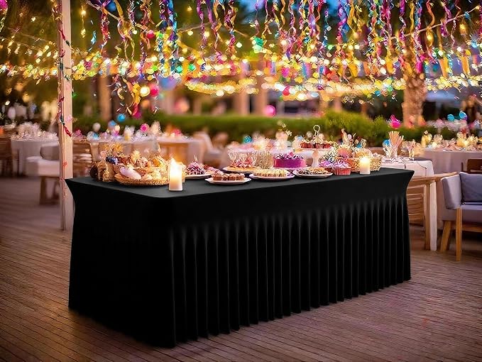 6 Packs Black Stretch Table Skirts for 6 Foot Rectangle Table, Washable Spandex Stretch Tablecloths with Skirt, Wrinkle Resistant Fitted Tablecover for Wedding Party Banquet
