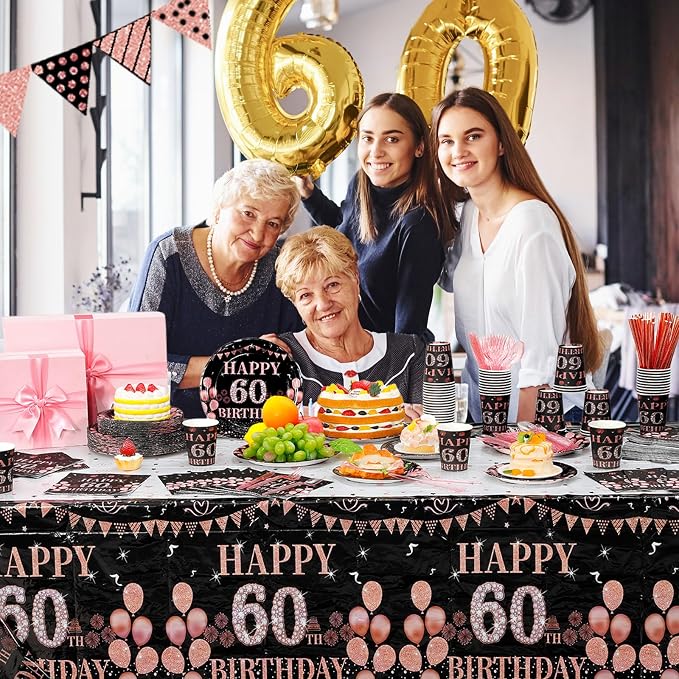 Funnymoom 452pcs 60th Birthday Party Decorations for Women, Black Rose Gold Birthday Supplies, Cheers Tableware Set, Disposable Plates Cups Napkins Cutlery Tablecloth for 50 Guests
