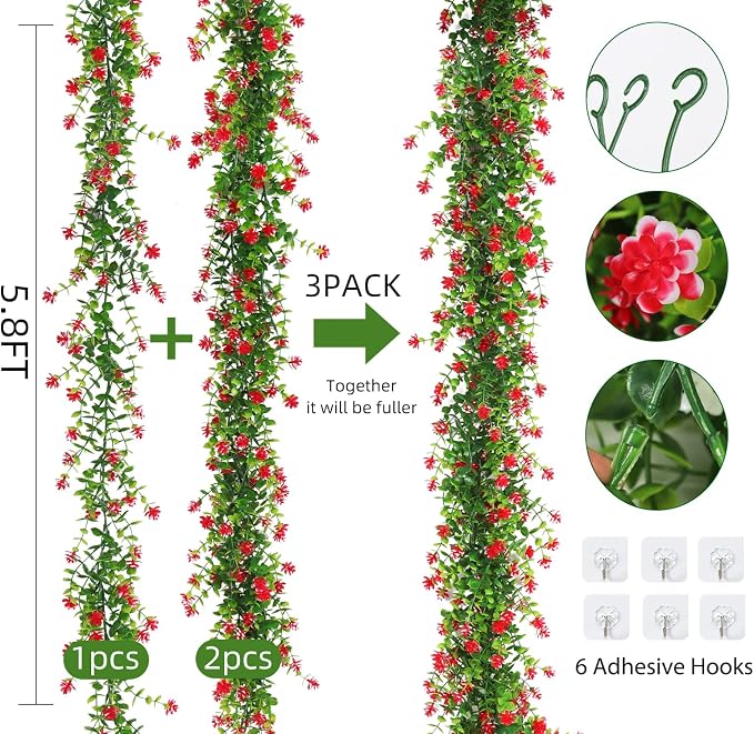 RECUTMS 3 Pack Artificial Spring Eucalyptus Garland Faux Hanging Eucalyptus Plants with Flowers Spring Fake Greenery Vines Garland for Spring Thanksgiving Home Wedding Mantle Wall Decor(Red)