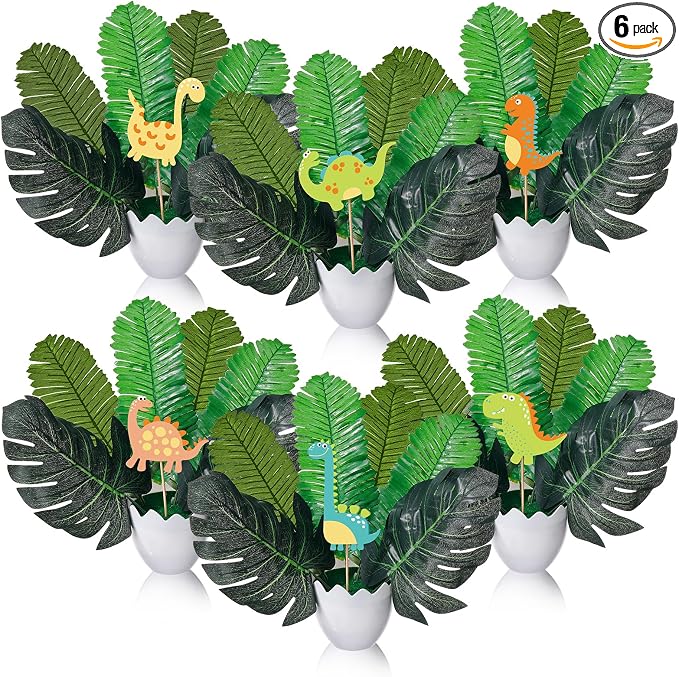 Suncalla 6 Set Dinosaur Party Table Centerpiece Decoration Dinosaur Themed Stick Set Include Vase Stick Artificial Leaves Jungle Animal Theme Table Topper for Baby Shower Birthday(Eggshell,Plastic)