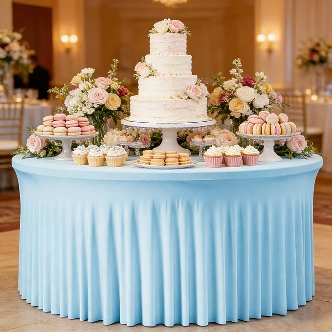 5FT Baby Blue Round Spandex Tablecloth 8 Pack Stretch Fitted Table Cover for 60 Inch Round Table, Wrinkle Free Elastic Tablecloth for Wedding Baby Shower Birthday Party Event Decor