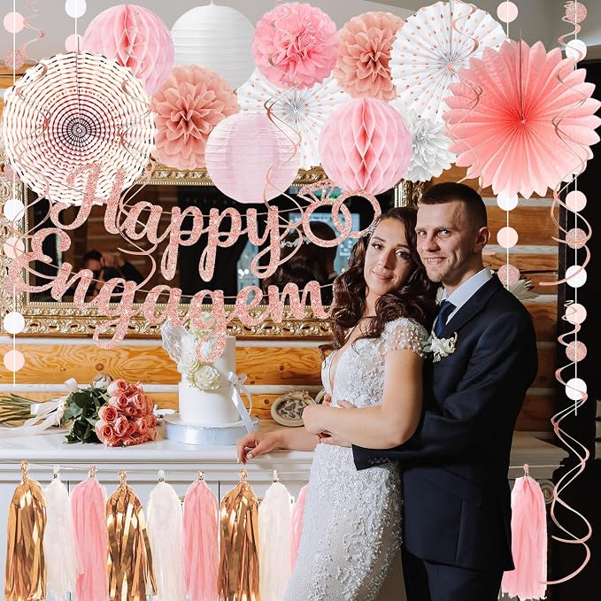 Roetyce Engagement Party Decorations, Rose Gold Glitter Happy Engagement Banner, Almost Married/Just Engaged Photo Background, Pink Congratulations Wedding Bachelorette Backdrop Decor