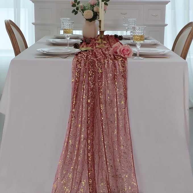 Snowkingdom Burgundy Gold Gauze Table Runner 10 Ft, Glitter Sheer Metallic Foil Sparkly Table Decor Centerpiece for Wedding, Party, Bridal Shower, Banquet, Elegant Dinner Anniversary Holiday Birthday