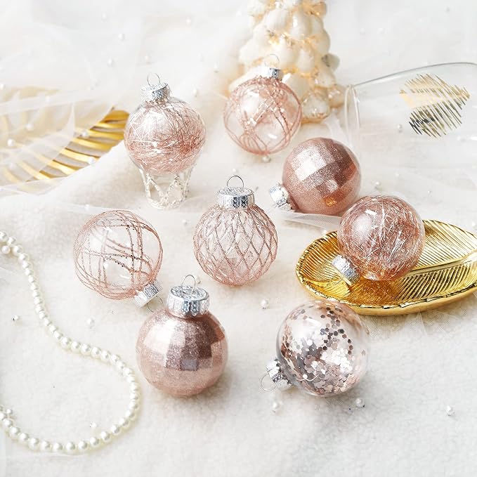 CristBest 30ct Christmas Ball Ornaments-60mm/2.36" Shatterproof Clear Plastic Xmas Balls Baubles Set with Stuffed Delicate Sparkling, Hanging Christmas Tree Decorations(Rose Gold)