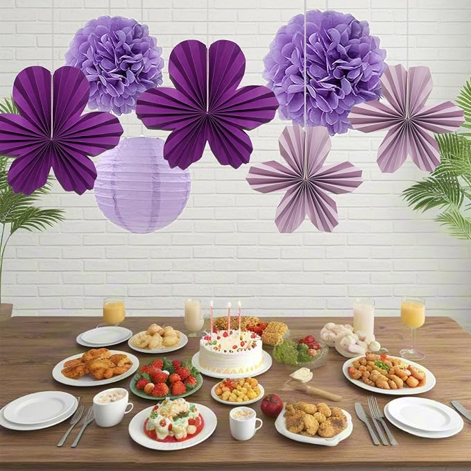 Birthday Party Decorations Kit Purple Violet & White, Happy Birthday Banner Garland Paper Pompoms, Flower Fans, Honeycom Ball , Lantern, Hanging Swirls, 20pcs