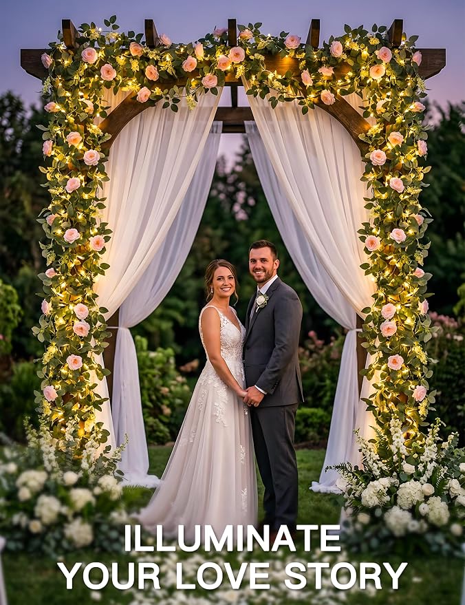 suddus Flower Garland with Pink Camellia Fairy Lights Indoor, 60 LED Vines String Lights Battery Operated with Remote, Artificial Fake Flowers Leaf Lights for Wedding,Bedroom,Centerpieces,Arch Decor