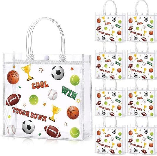 Hosuly 24 Pcs Sport Party Favor Bags with Handles, Clear PVC Football Goodie Treat Gift Bags Basketball Football Baseball Printed for 2026 Sport Birthday Party Favors Supplies 7.9 x 7.9 x 3.1 Inch