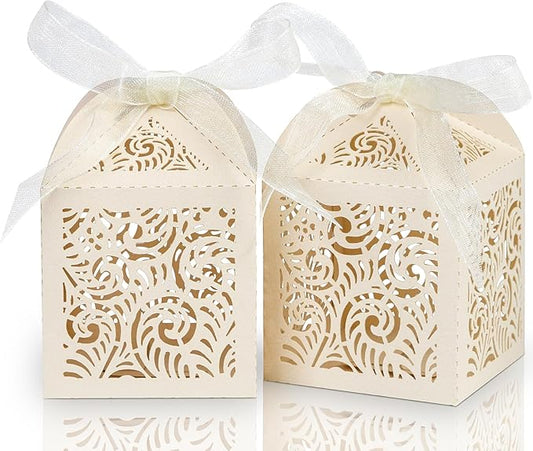COTOPHER 60Pcs Laser Cut Favor Boxes, 2x2x2.75in Small Gift Box for Presents, Party Wedding Favors With Ribbon, Mini Candy Box for Event Bridal Shower Anniversary Birthday Christmas, Beige