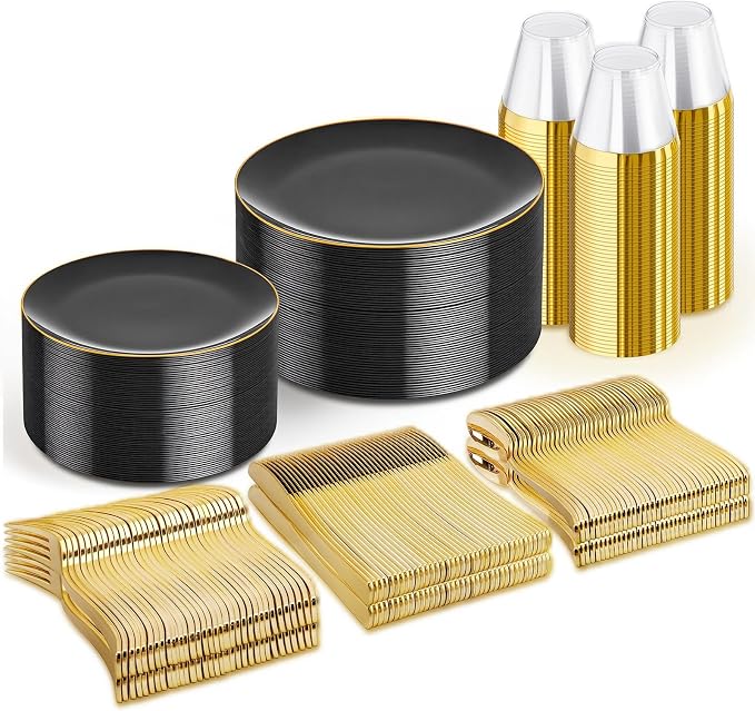 WDF 300PCS Black and Gold Plates - Black Plastic Plates for Party - 50 Guest Disposable Dinnerware Sets for Party/Wedding/Birthday/Halloween