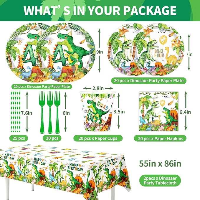Watercolor Dinosaur 4th Birthday Party Supplies Roar Im 4 Dinosaur Party Plates Cups Napkins Hanging Swirls Banner Tablecloth Straws forks for Boys Dinosaur T-Rex Roar 4th Party Birthday Decorations
