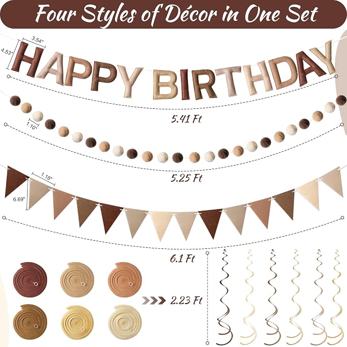 Kriyokiaa Pre-Strung Felt Happy Birthday Banner Retro Brown Happy Birthday Party Decorations with Pom Pom Garland, Flag and Hanging Swrils for Women Men Boys Girls Party Decor