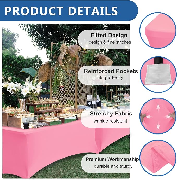 Spandex Table Cloths for 8 Foot Rectangle Tables-6 Pack Fitted Stretch Pink Table Covers-Elastic Folding Tablecloths for Party, Vendor Booth Display, Banquet Buffet Event, Craft Trade Show