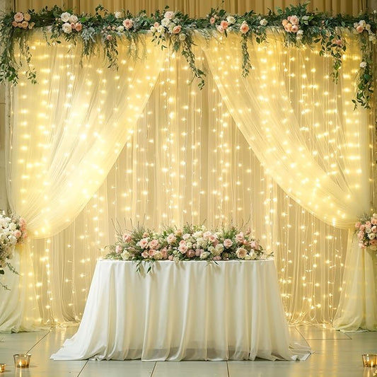4 Panels Champagne Sheer Tulle Backdrop Curtains with Lights String for Party Wedding Wrinkle Free Curtain Backdrops Drapes for Baby Shower Bridal Shower Photo Background Home Decorations 20ft x 10ft