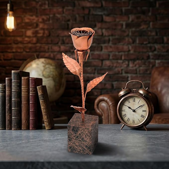 Copper Rose Anniversary Keepsake – 7th & 22nd Wedding Anniversary – Solid Copper Flower on Metal Display Base – 12 Inch Handcrafted Rose