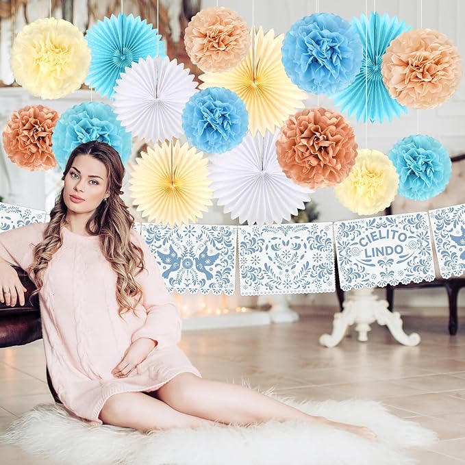 18 Pcs Cielito Lindo Party Decoration Cielito Lindo Decorations Hanging Paper Fans Pom Poms and Paper Banner for Bridal Shower, Fiesta, Engagement, Mexican Baby Shower(Blue)