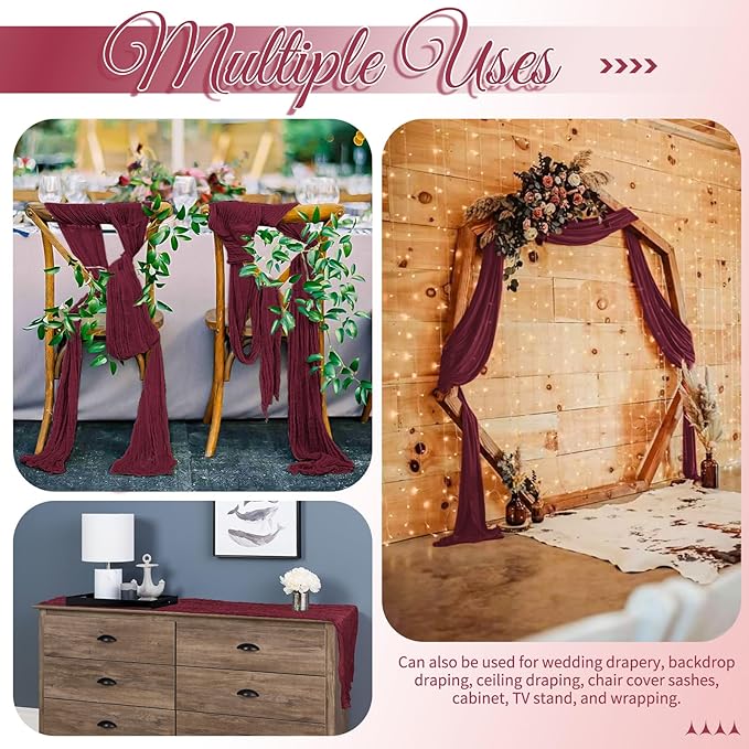 15 Pack Burgundy Table Runners 17 x 108inch Cheesecloth Table Runner Boho Gauze Table Runner Rustic Sheer Fabric Cheese Cloth Table Runners for Wedding Party Bridal Shower Farmhouse Thanksgiving Decor