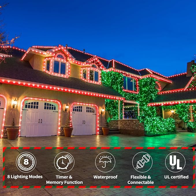 50ft LED Rope Lights Outdoor, 360 LED Connectable and Flexible Tube Lights with 8 Modes, Waterproof LED Rope Lighting for Garden, Patio, Pool, Bedroom, Party, Indoor Outdoor Christmas Decoration (Red)