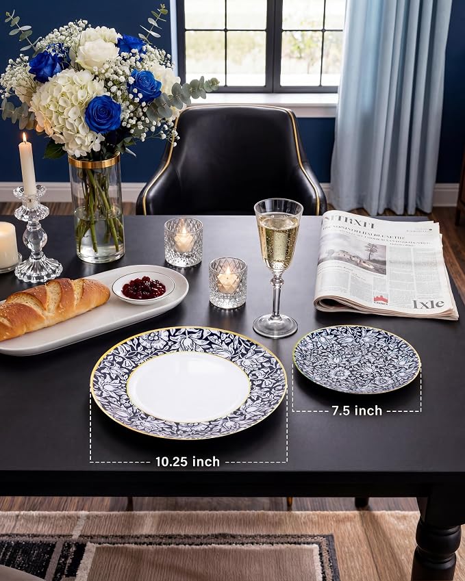 Hioasis 60pcs Plastic Disposable Plates Set - Blue & White Floral Pattern with Gold Rim, 10.25 Dinner & 7.5 Dessert Plates for Wedding,Anniversary,Party and Holiday