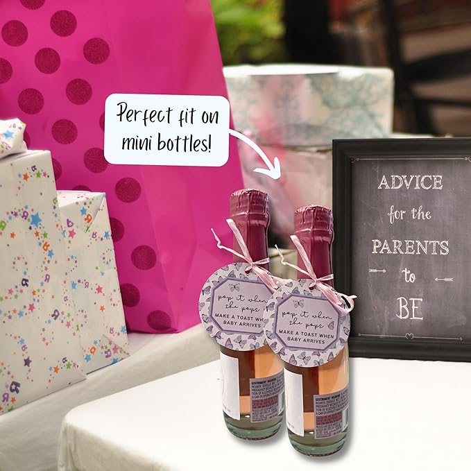 Pop It When She Pops Butterfly Tags | 30 pk, 2.5” Purple Labels for Champagne Mini Bottles Pink Bubbly Favor Hang for Baby Shower or Gender Reveal