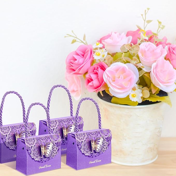 Outus 50 Pcs Butterflies Purse Party Favor Bags Favor Boxes Butterfly Goodie Bags Candy Party Treat Boxes for Wedding, Birthday, Bridal Shower Gift Supplies(Purple)