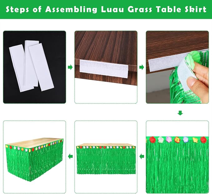 Fovths 4 Pack Luau Grass Table Skirt Natural 9 Feet x 29.5 Inch Hawaiian Table Skirt for Tropical Hawaiian Party Decorations Luau Party Costume Party, Green