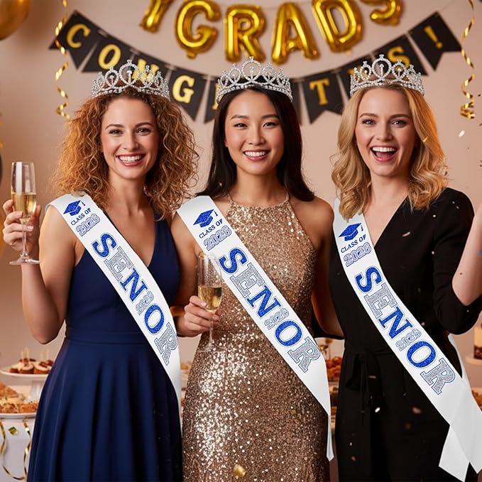 Janinka 6 Pcs Senior Sash 2026 Graduation Satin Sash with Glitter Letter Silver Crown Tiaras Cheer 2026 Gifts for Graduation Party Cheerleader Prom Photos Celebration(Blue)