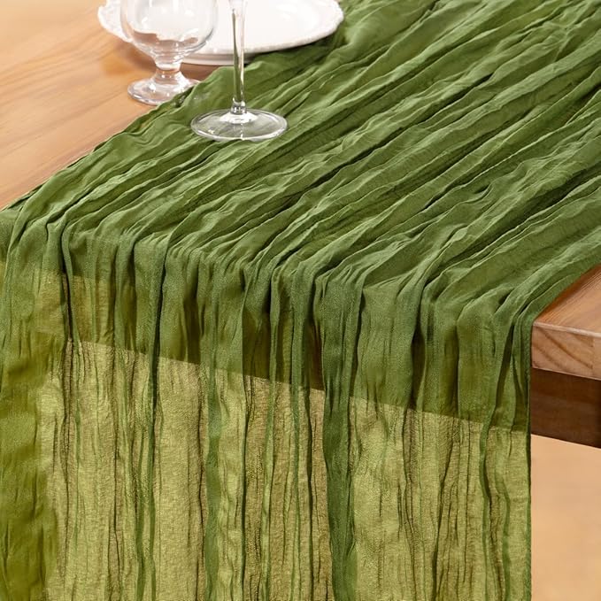 DeZerlor Olive Green Cheesecloth Table Runner Spring Easter Table Runner Boho Gauze 120 Inches Green Cheese Cloth Table Decora for Wedding Bridal Baby Shower Parties