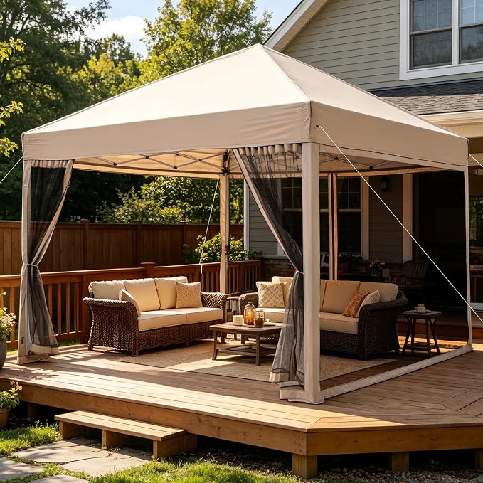 10x10 Pop Up Canopy Tent with Mosquito Netting, Ez Up Portable Waterproof Instant Outdoor Screen Shelter, Pop Up Tent for Patio, Backyard, Parties, Camping and Events, Beige