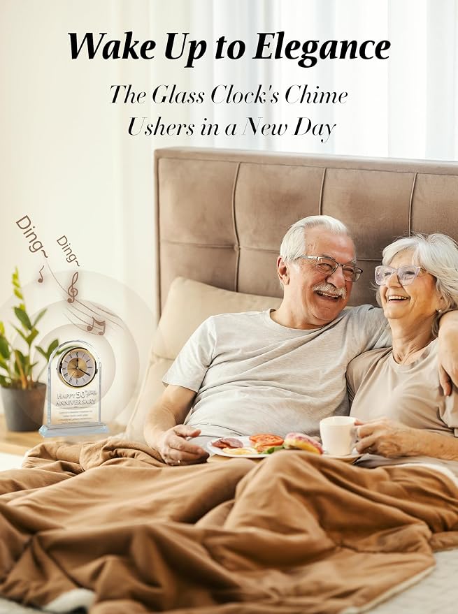 Timeless Anniversary Clock - Perfect 50th Wedding for Parents, Couples, Women & Men - Unique Golden Ideas for Husband & Wife - Elegant Alarm Clock