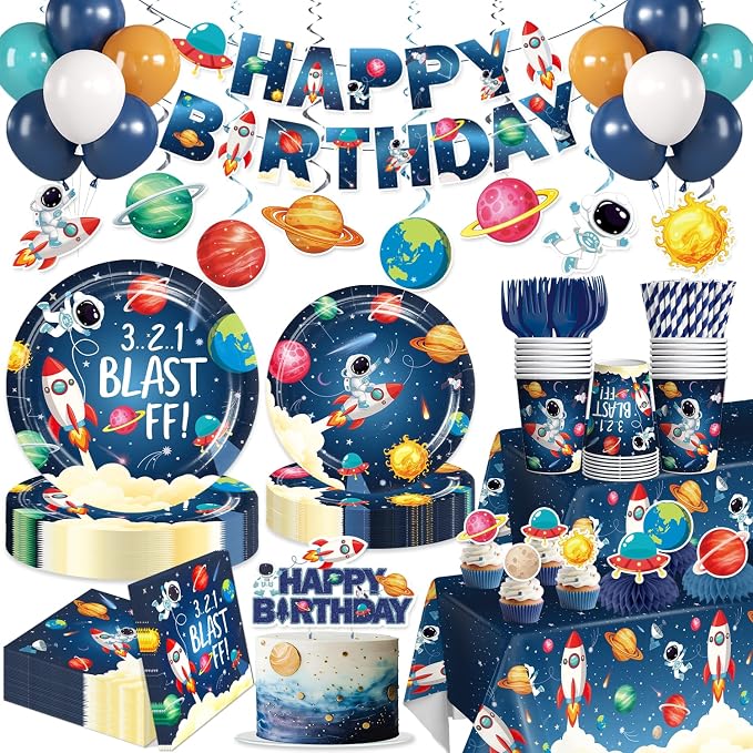 213pcs Space Themed Party Decorations, Serves 25 People, Complete Paper Set Includes No-DIY Banner 350gsm Plates Latex Balloons and Waterproof Tablecloths
