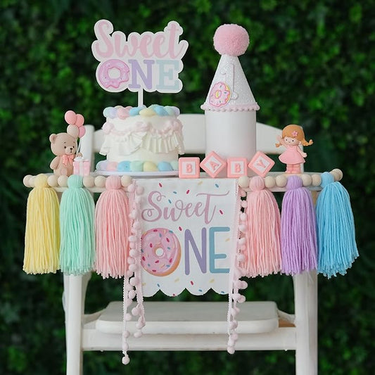 DCJHFJ Donut 1st High Chair Banner Sweet One Birthday Party Decorations with 1st Birthday Hat One Cake Topper
