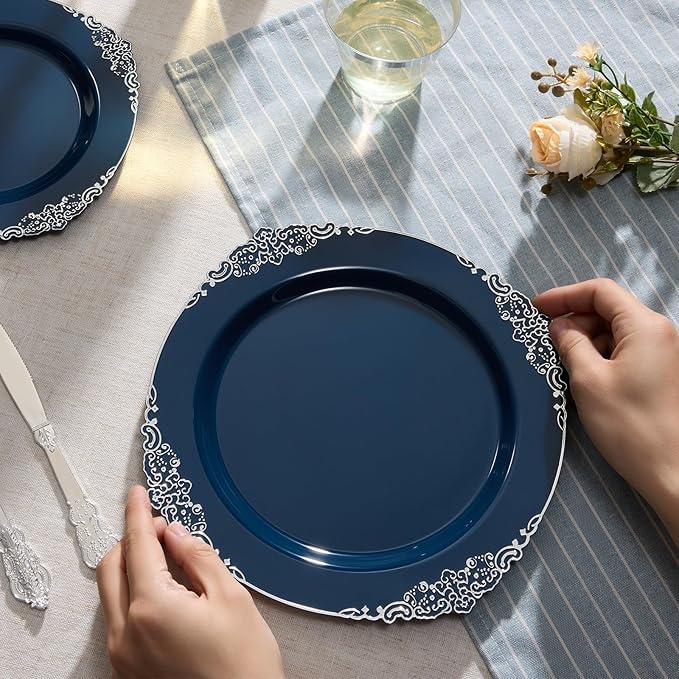 Goodluck 250 PCS Vintage Navy Blue & Silver Plastic Plates with Cutlery Set - Serves 50 - Heavy Duty Elegant Disposable Dinnerware for Graduation, Men's Birthday, Corporate Events