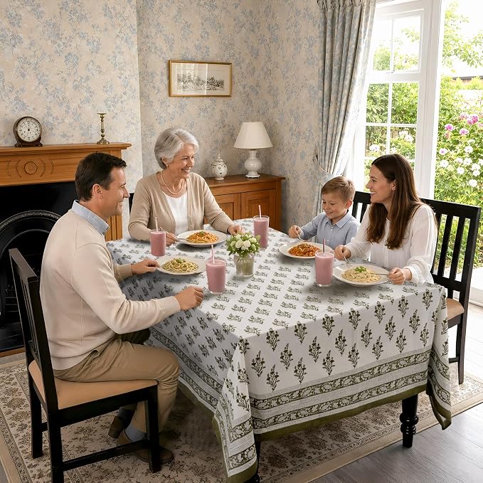 Ridhi Block Print Nature Spring Rectangle Cotton Tablecloth 108" x 70" Reusable Table Cover Decorative Everyday Use for Dining, Farmhouse, Home Gift for Spring, Easter, Summer