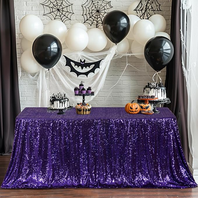 Poise3EHome Purple Sequin Tablecloth 50×72 Inch Rectangle Sparkly Fabric Table Cover Overlay for Halloween Birthday Party Holiday Decoration
