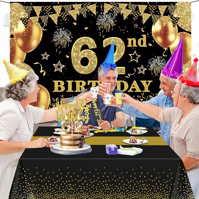 62nd Birthday Decorations Men Women with 62nd Birthday Banner, Black and Gold Table Cloth, Number Balloons, Large Sash, Cake Topper and Candles