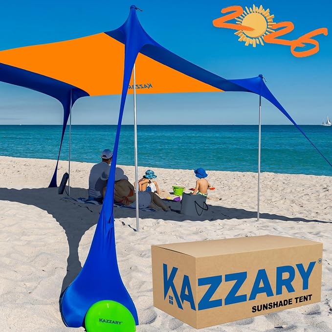 Beach Tent UPF50+ Sun Shade Canopy with Sandbags, 4 Stability Poles, Ground Pegs, Flying Disc Sand Shovel, Lightweight Sunshade Shelter, 7ft Tall for Outdoor Trips, Camping and Sports