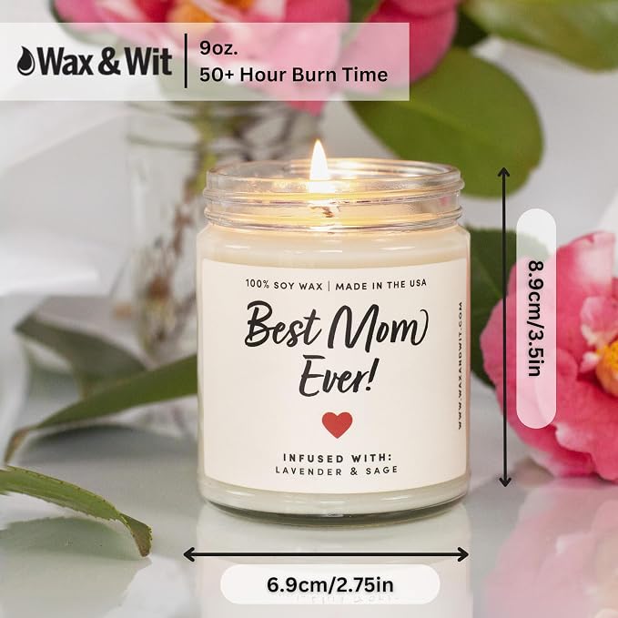 Best Mom Ever Candle & Bracelet Gift Set – Mothers Day Candle Gift for Mom from Daughter Son Kids Husband, Pink Quartz Healing Bracelet, 9oz Lavender & Sage Soy Wax, 50 Hour Burn, Birthday