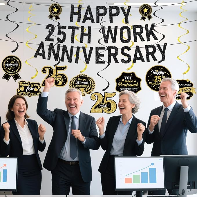 11pcs 25 Year Work Anniversary Decorations Black Gold Happy 25th Work Anniversary Banner Hanging Swirls Employee Appreciation Decorations Supplies 25 Year Workiversary Gifts for Employee Worker